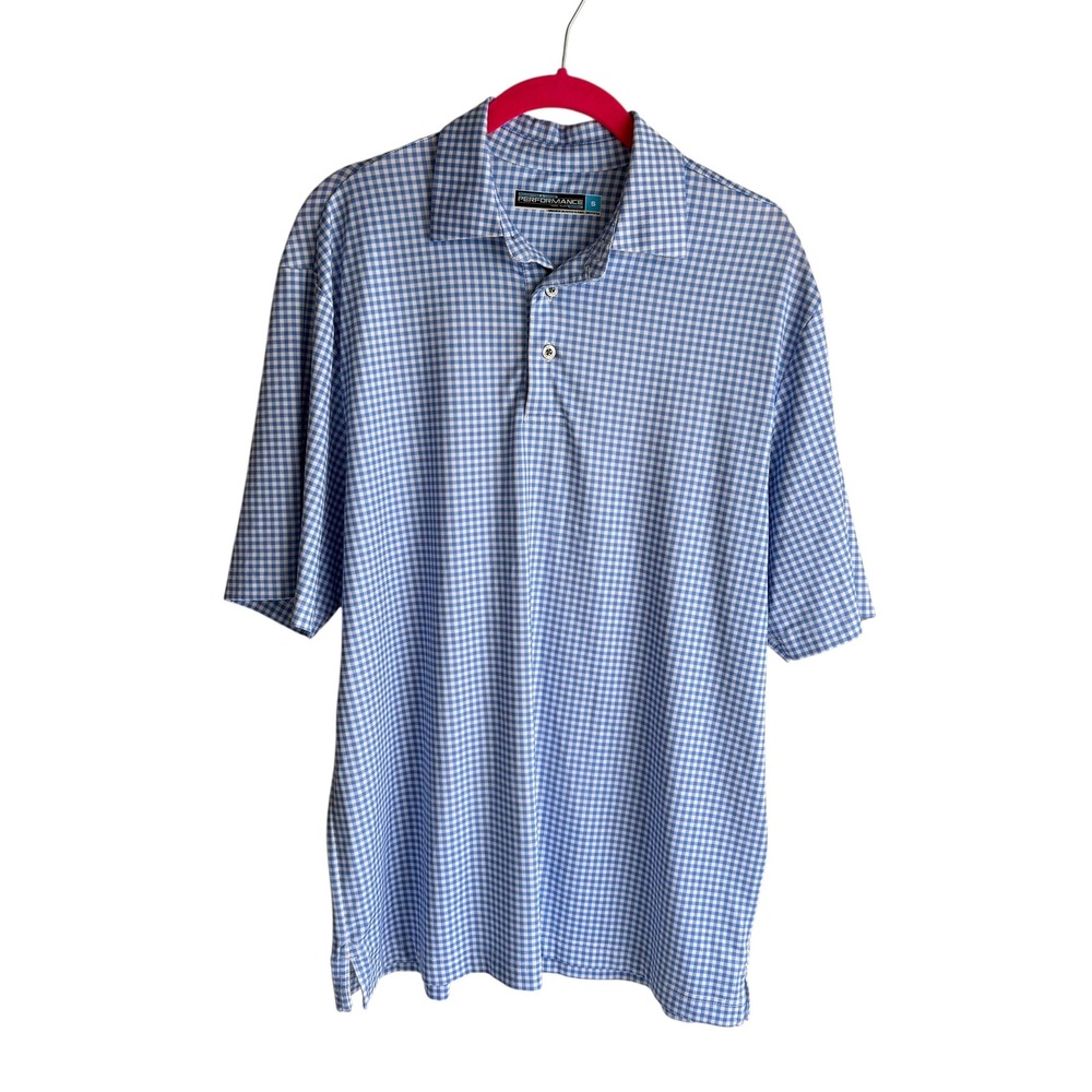 ROUNDTREE & YORKE Performance Light Blue Gingham Mens Polo, S